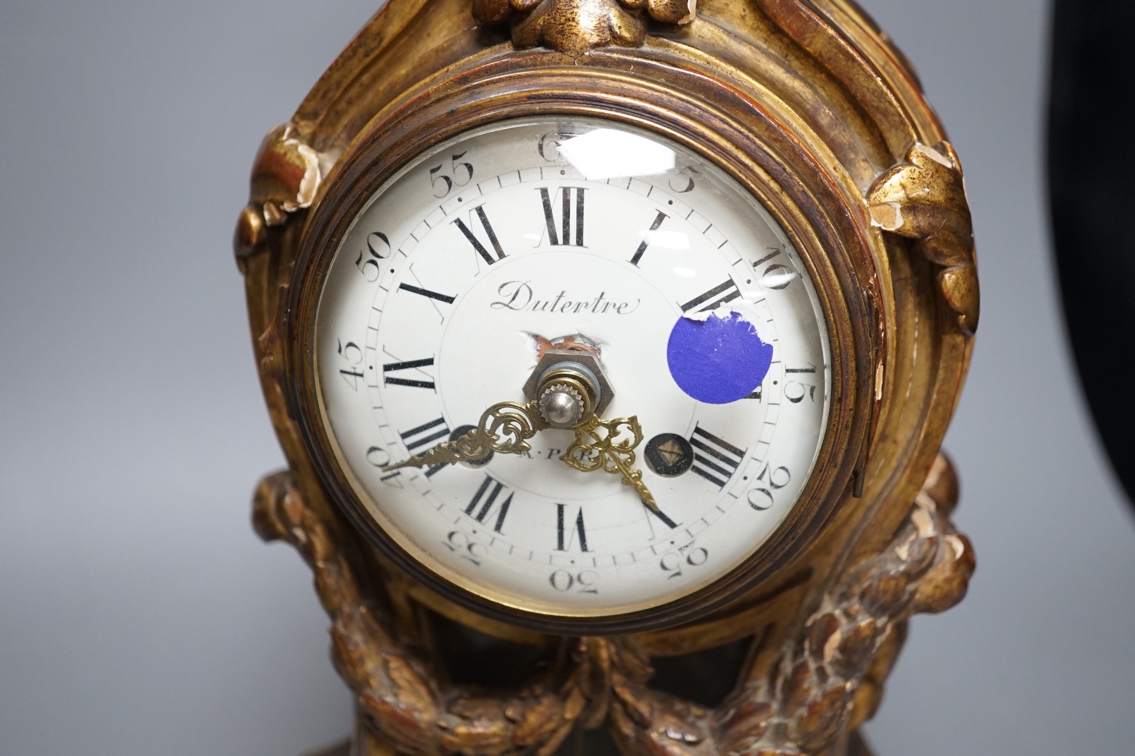 A 19th century French giltwood mantel timepiece with later electric movement, 39cm